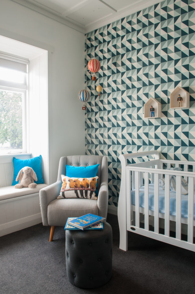 Modern Nursery with Graphic Wallpaper Accent Wall - Project Nursery