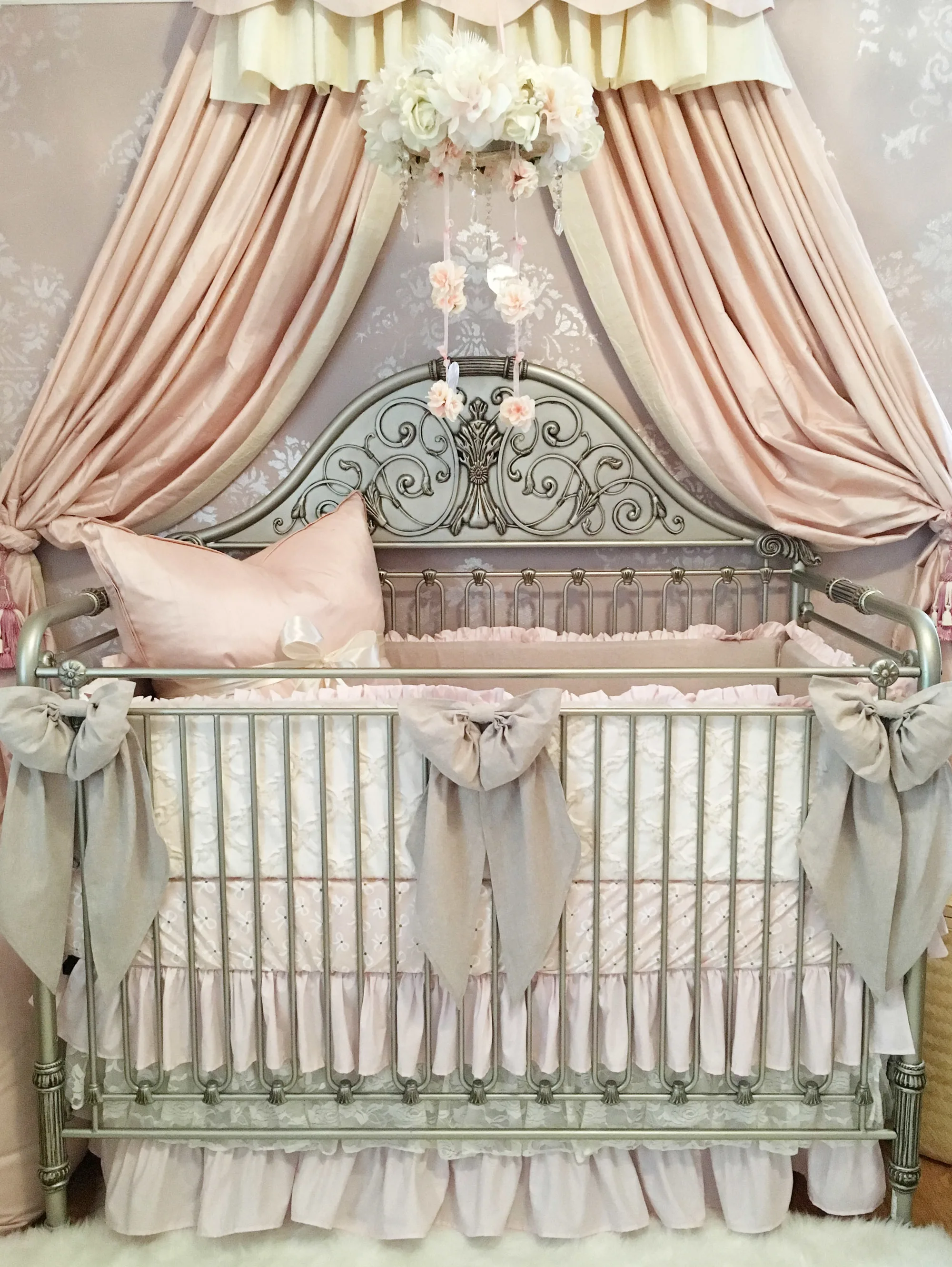 Feminine Crib with Linen and Lace Crib Bedding