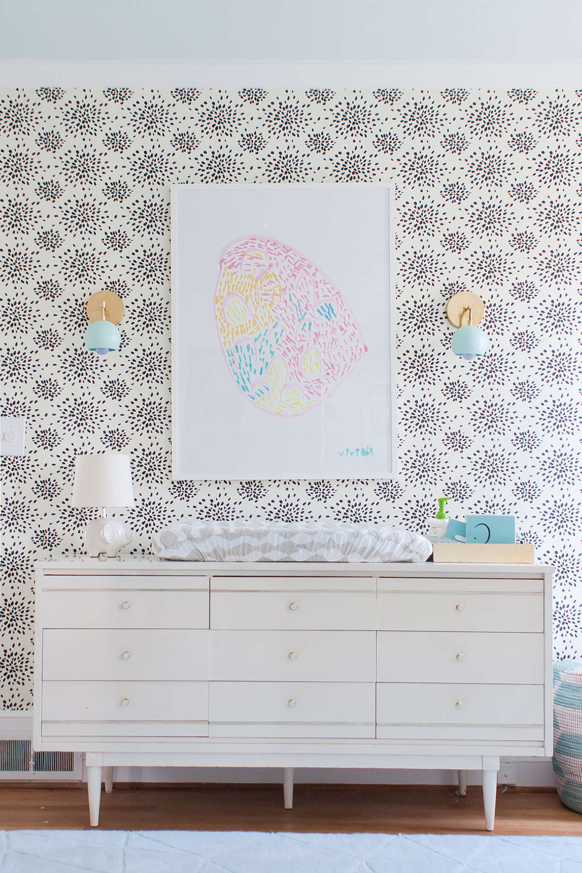 Firework Wallpaper with Vintage Dresser in Girl's Nursery