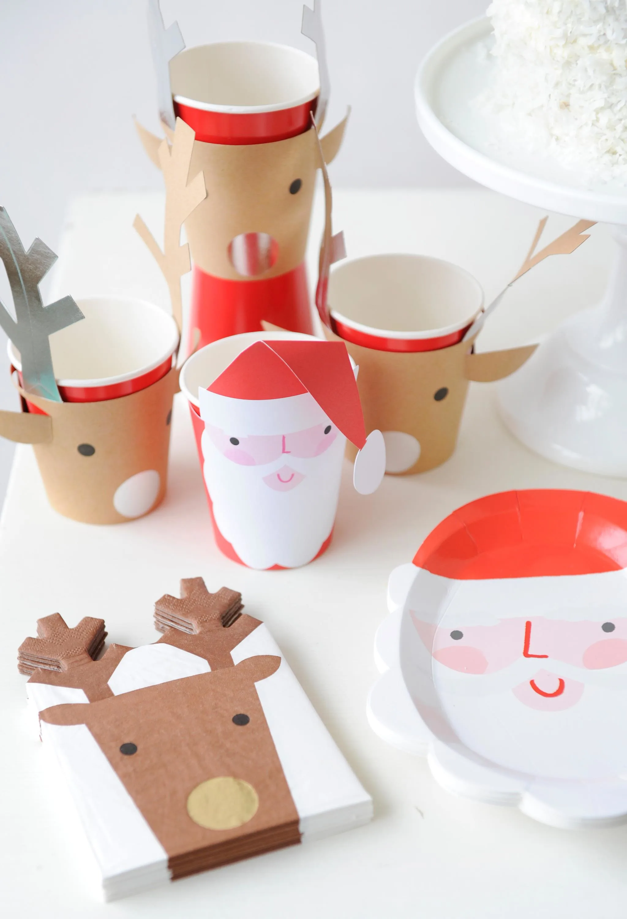 Santa and Reindeer Paper Plates, Cups and Napkins