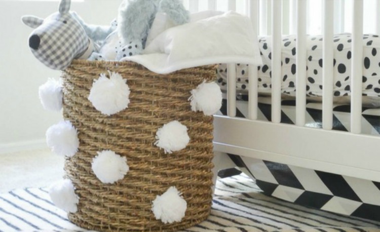 Storage Basket With Pompoms for Nursery, Cute Organizer