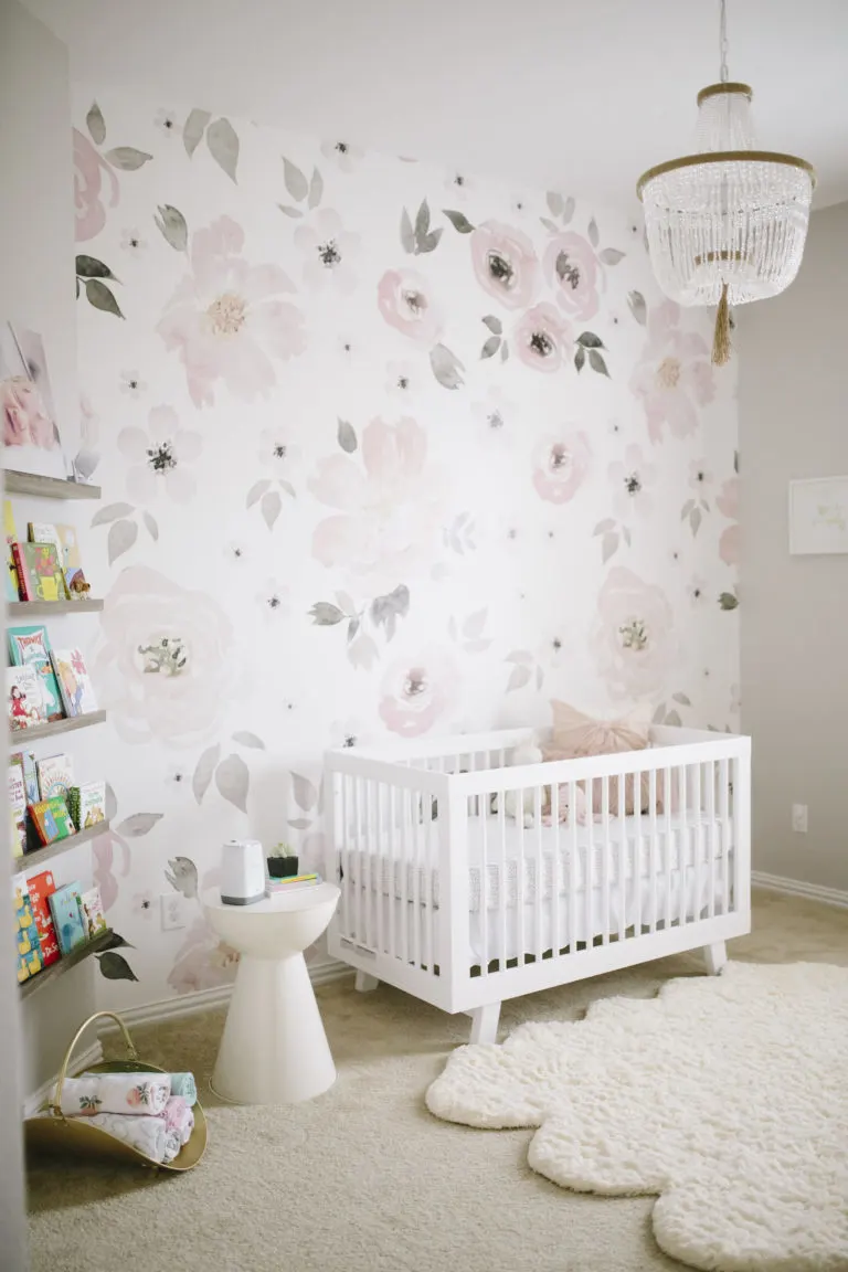 Watercolor Flower Jolie Wallpaper in Pink and Gray Girl's Nursery