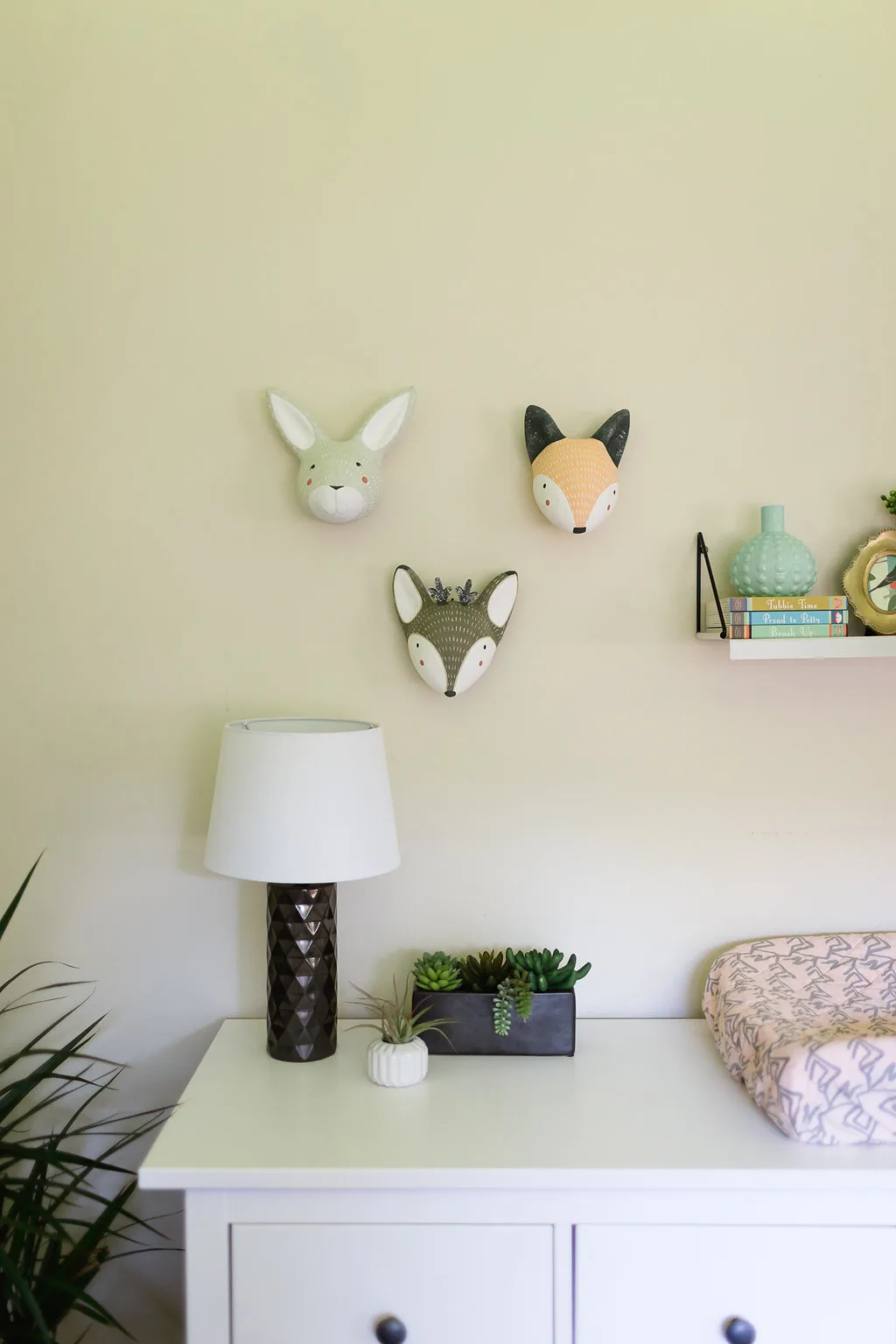 Whimsical Eclectic Nursery Dresser Vignette with Whimsical Animal Heads