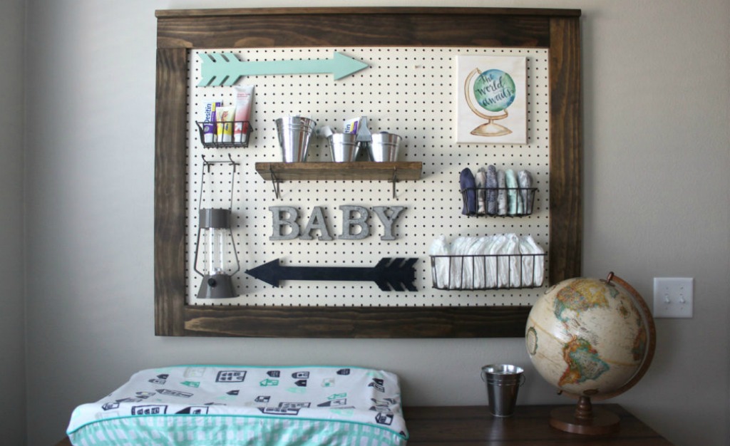Turquoise and Gray Nursery with Pegboard Changing Table Organization - Project Nursery