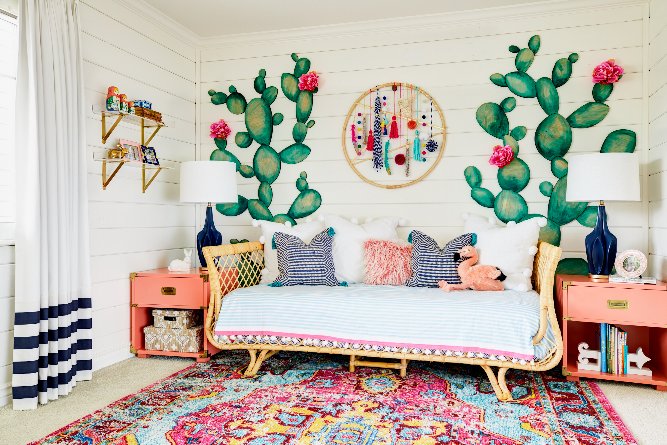 Boho Girl's Room with Cactus Accent Wall and Modern Colorful Dreamcatcher