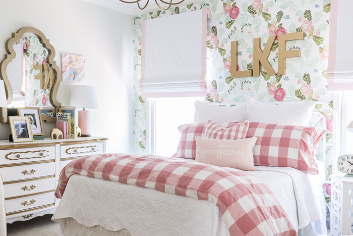 Floral Big Girl Room with Flower Wallpaper and Vintage Accents