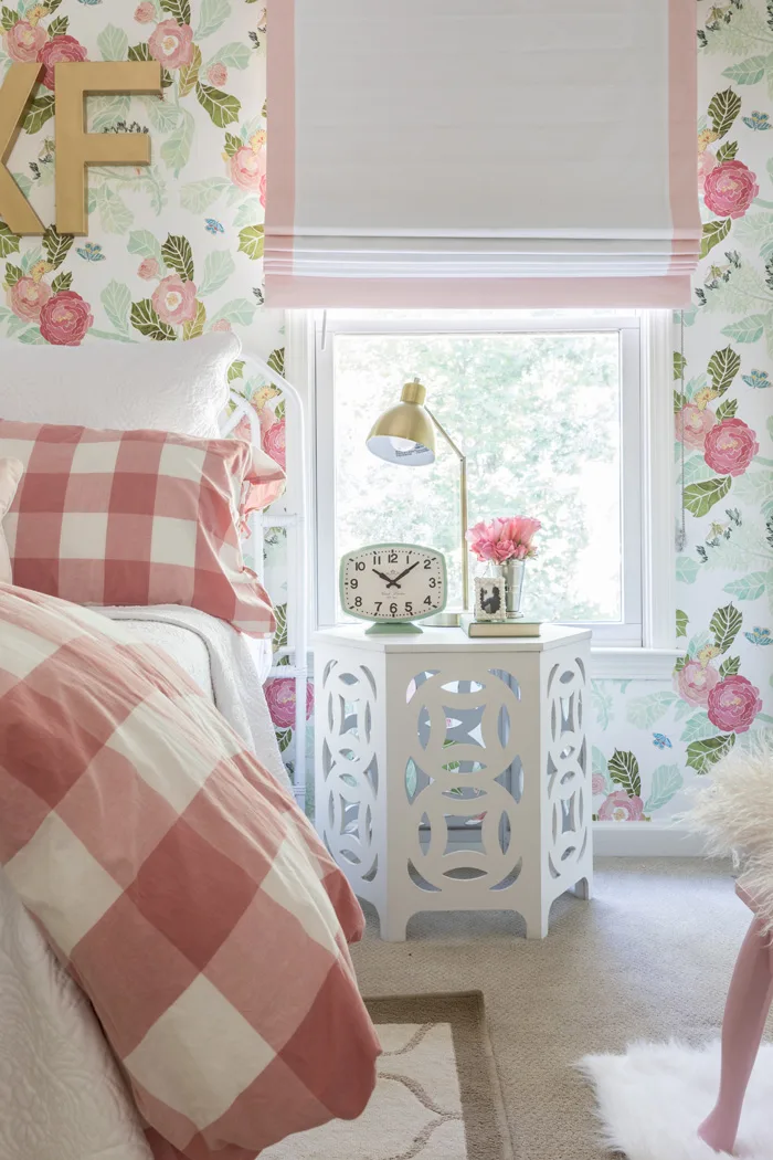 Floral Big Girl Room with Flower Wallpaper and Vintage Accents