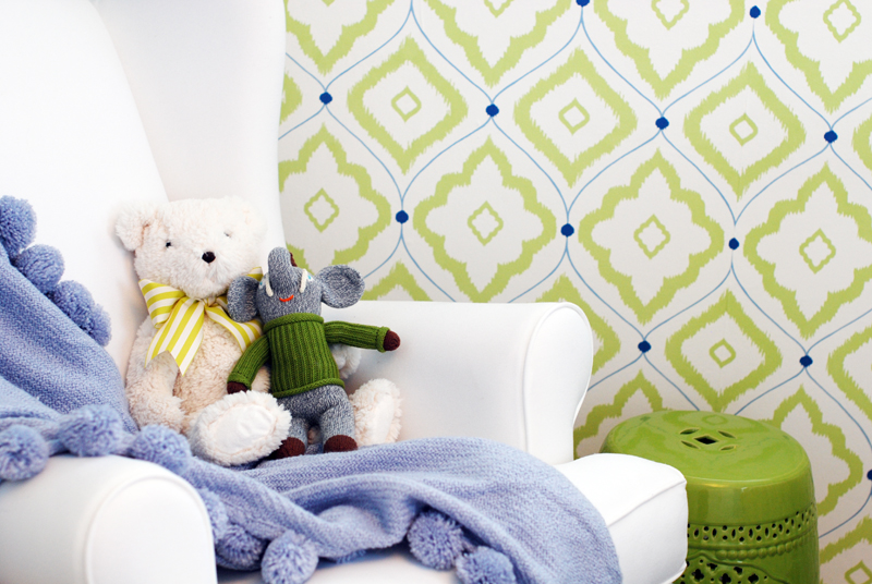 Green and Blue Nursery Design with Patterned Wallpaper
