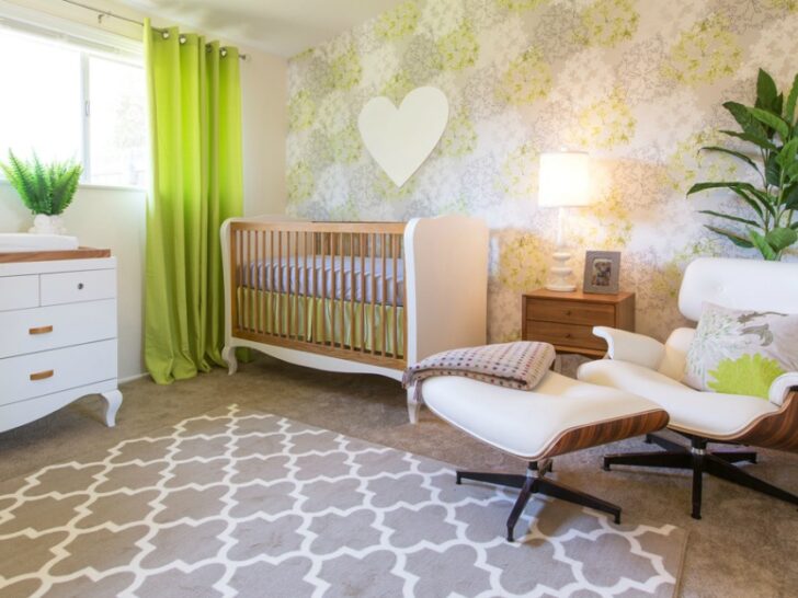 Green and White Nursery Design with Modern Floral Wallpaper and Mid-Century Furniture
