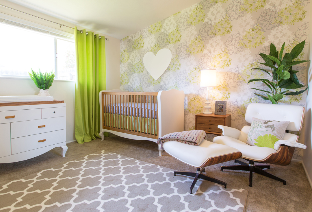 Green and White Nursery Design with Modern Floral Wallpaper and Mid-Century Furniture