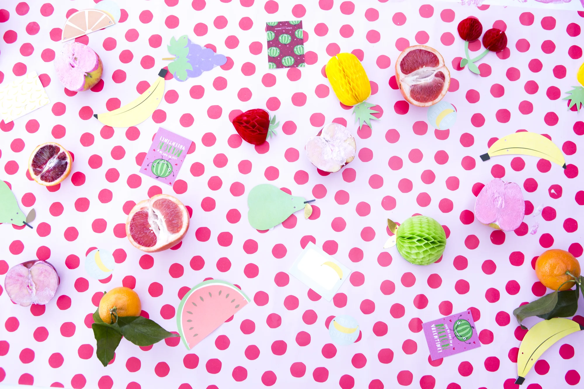 Gift Wrap Table Covering and Fruit-Themed Valentine's Day Party Decor