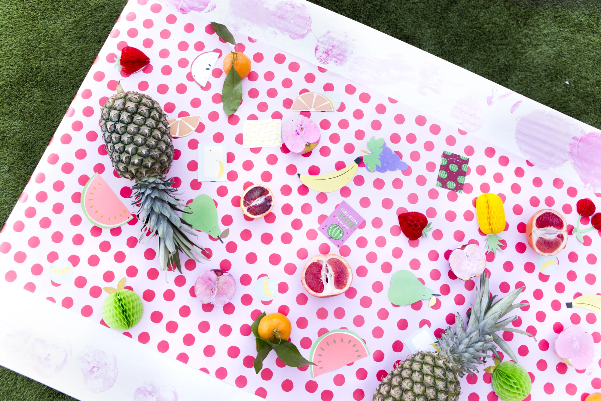 Gift Wrap Table Covering and Fruit-Themed Valentine's Day Party Decor