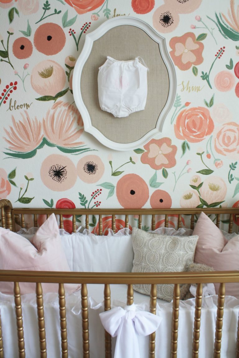 Hand Painted Flower Mural Coral and Pink in Girl's Nursery with Framed Baby Outfit