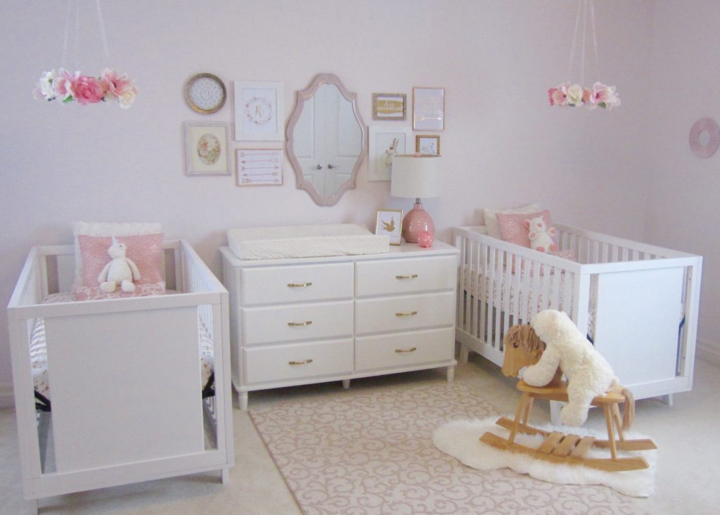 Pink, White and Gold Twin Nursery with Floral Wreath Mobiles - Project Nursery