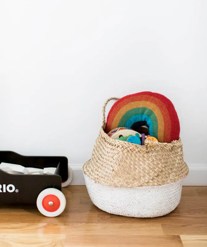 White Dipped Nursery Basket with Rainbow Pillow