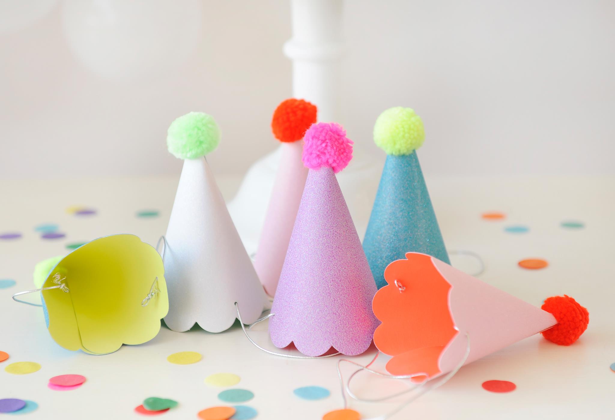 Sparkly Pom Pom Party Hats Rainbow-Themed Kids Party