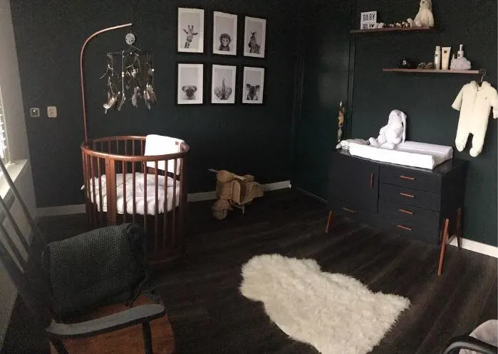Black Nursery with Wood Accents and Stokke Sleepi Crib in Bassinet