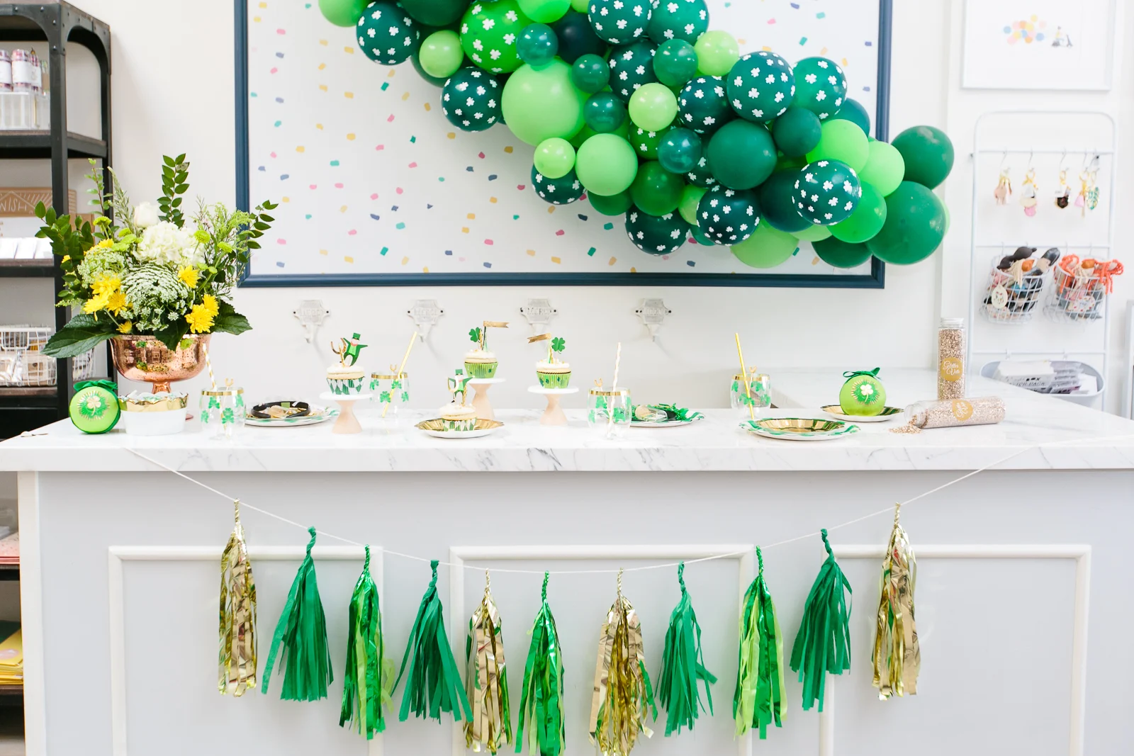 St. Patrick's Day Dessert Table with Balloon Garland