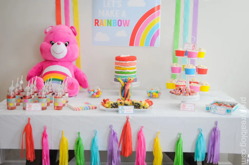 Cake table for Care Bears & rainbows birthday party (it really was  straight)  Care bears birthday party, Rainbow birthday party, Birthday  decorations kids