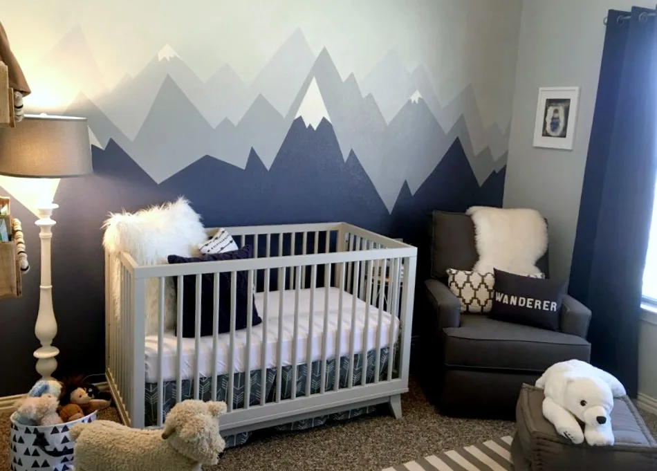 Gray and White Adventure Nursery Mountain Range Mural - Project Nursery