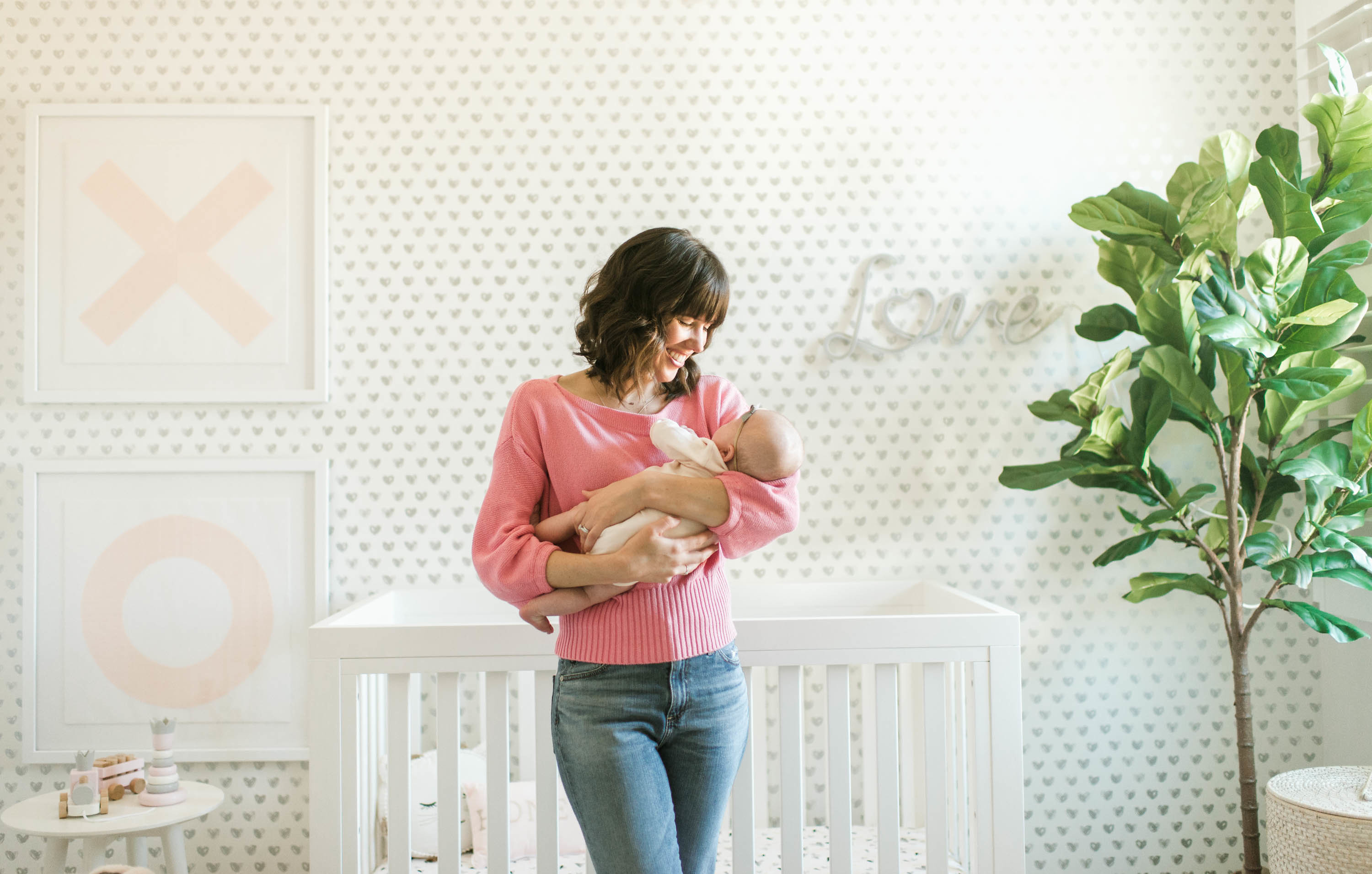 XO Nursery with Heart Wallpaper and Faux Fiddle Leaf Fig