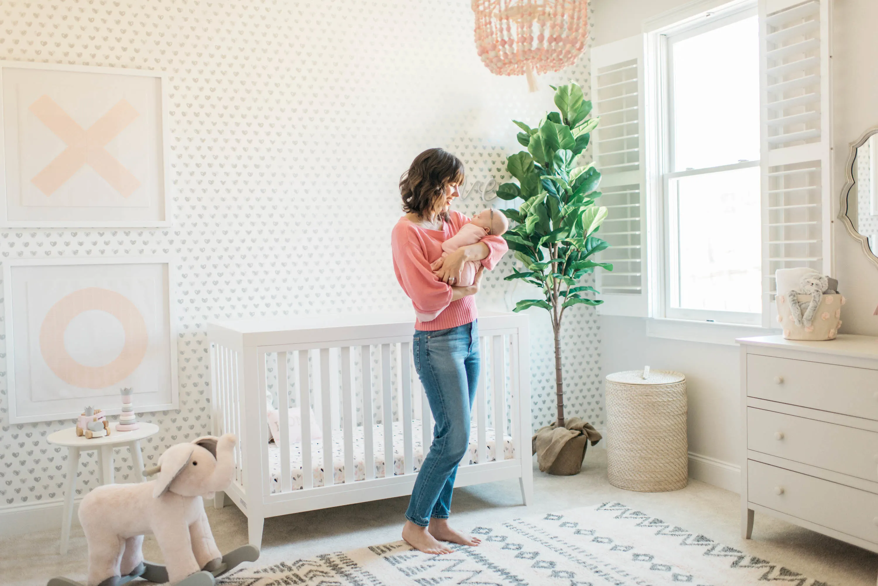 Pink, White and Gray Nursery with XO Prints and Faux Fiddle Leaf Fig