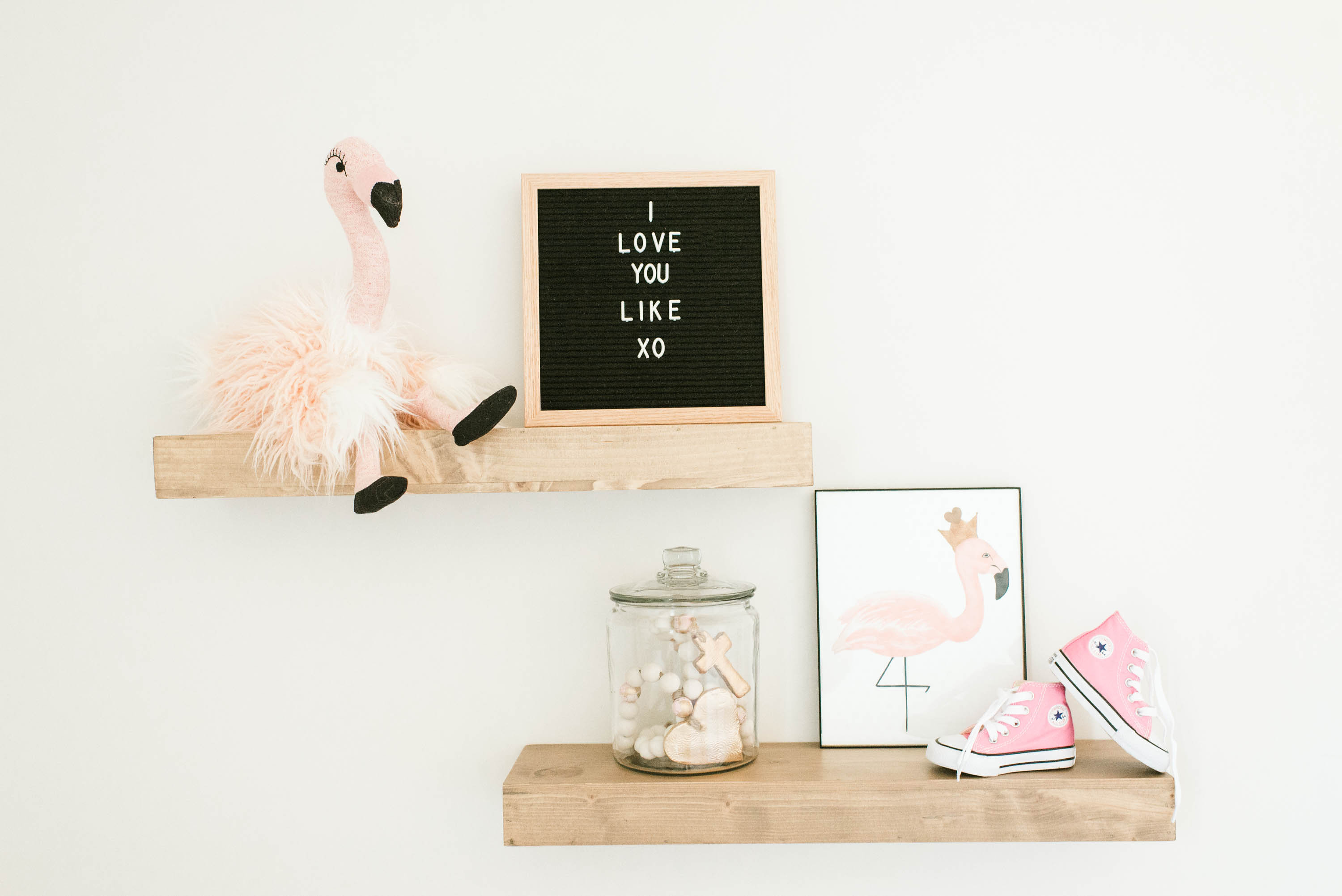 Nursery Shelfie on Floating Wood Shelves with Flamingos