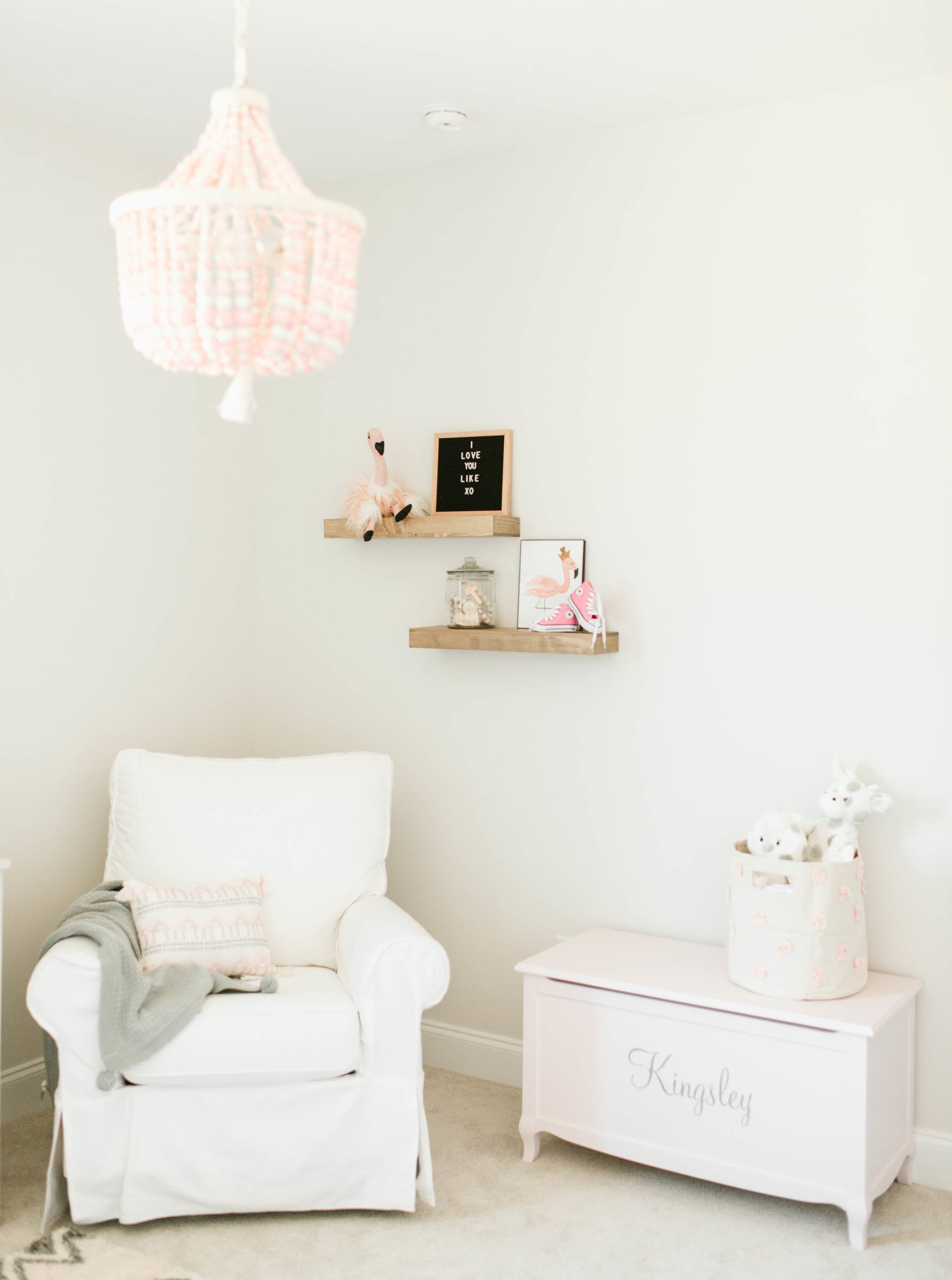 Glider and Toy Chest in Pink, White and Gray Nursery