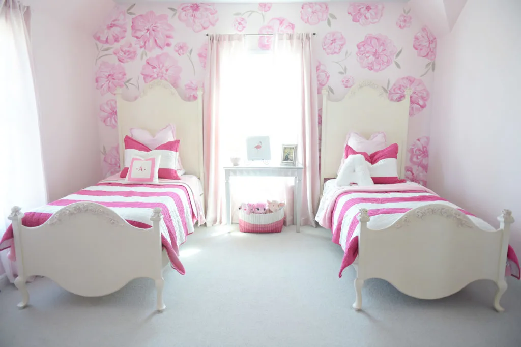 Floral Flamingo Hot Pink and White Shared Girls Bedroom - Project Junior