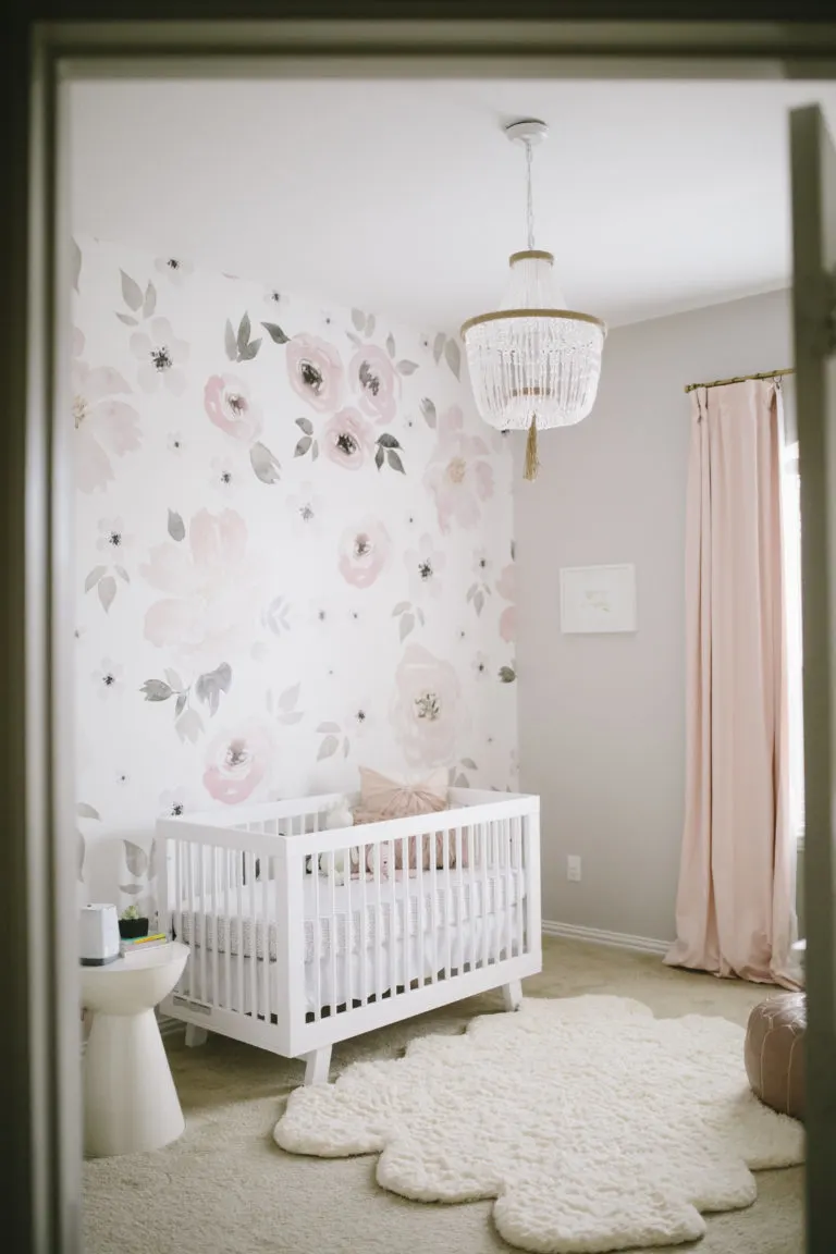 Watercolor Floral Wallpaper in Pink and Gray Nursery - Project Nursery