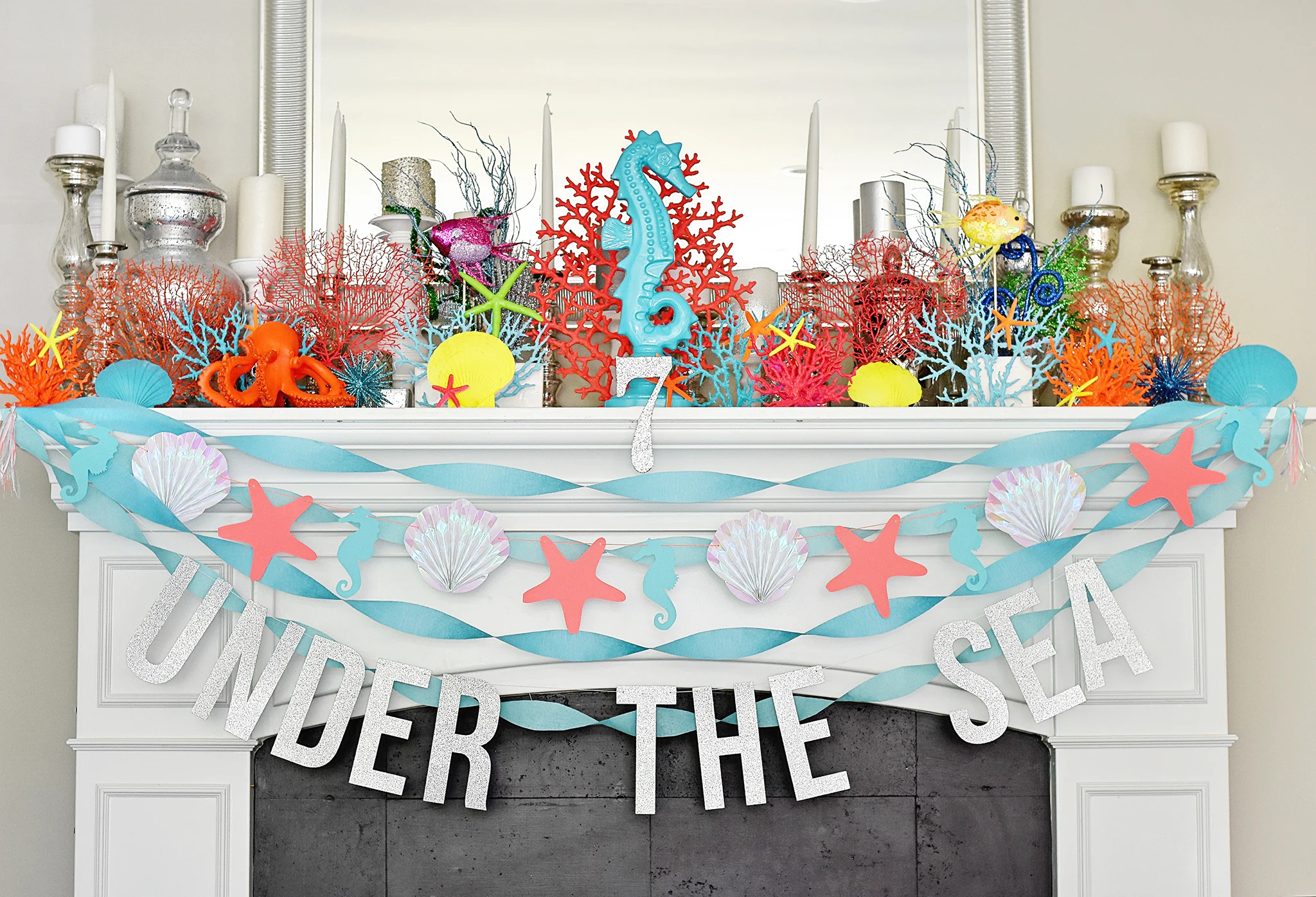 Party decor included neon colored coral and starfish!