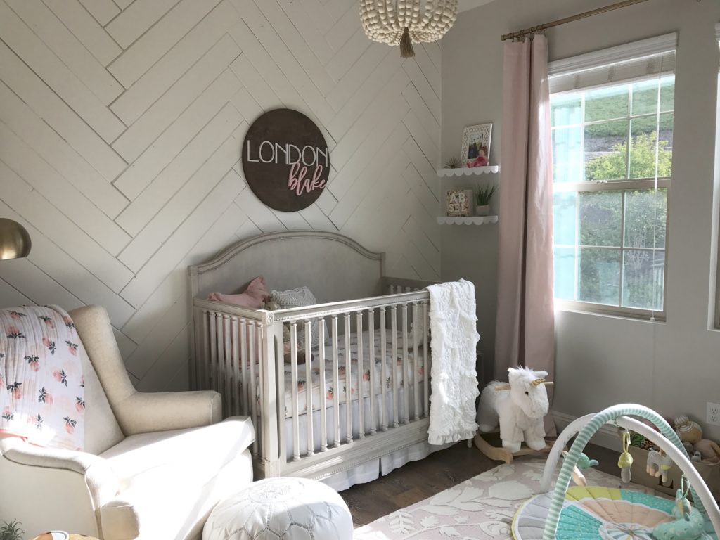 Herringbone Shiplap Accent Wall in Girl's Nursery - Project Nursery