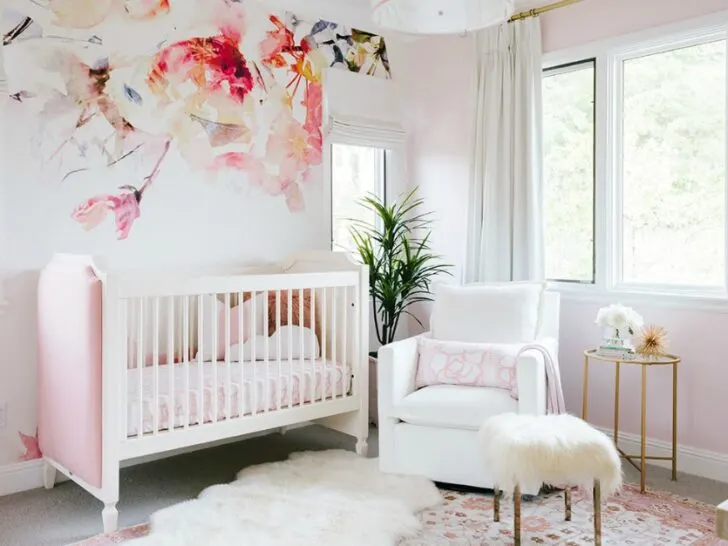 Pink and White Nursery with Floral Accent Wallpaper