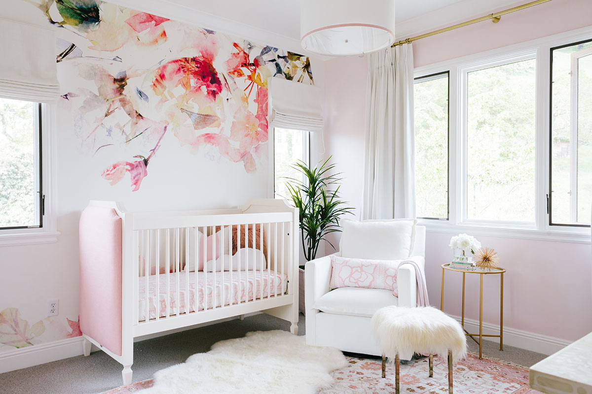 Pink and White Nursery with Floral Accent Wallpaper
