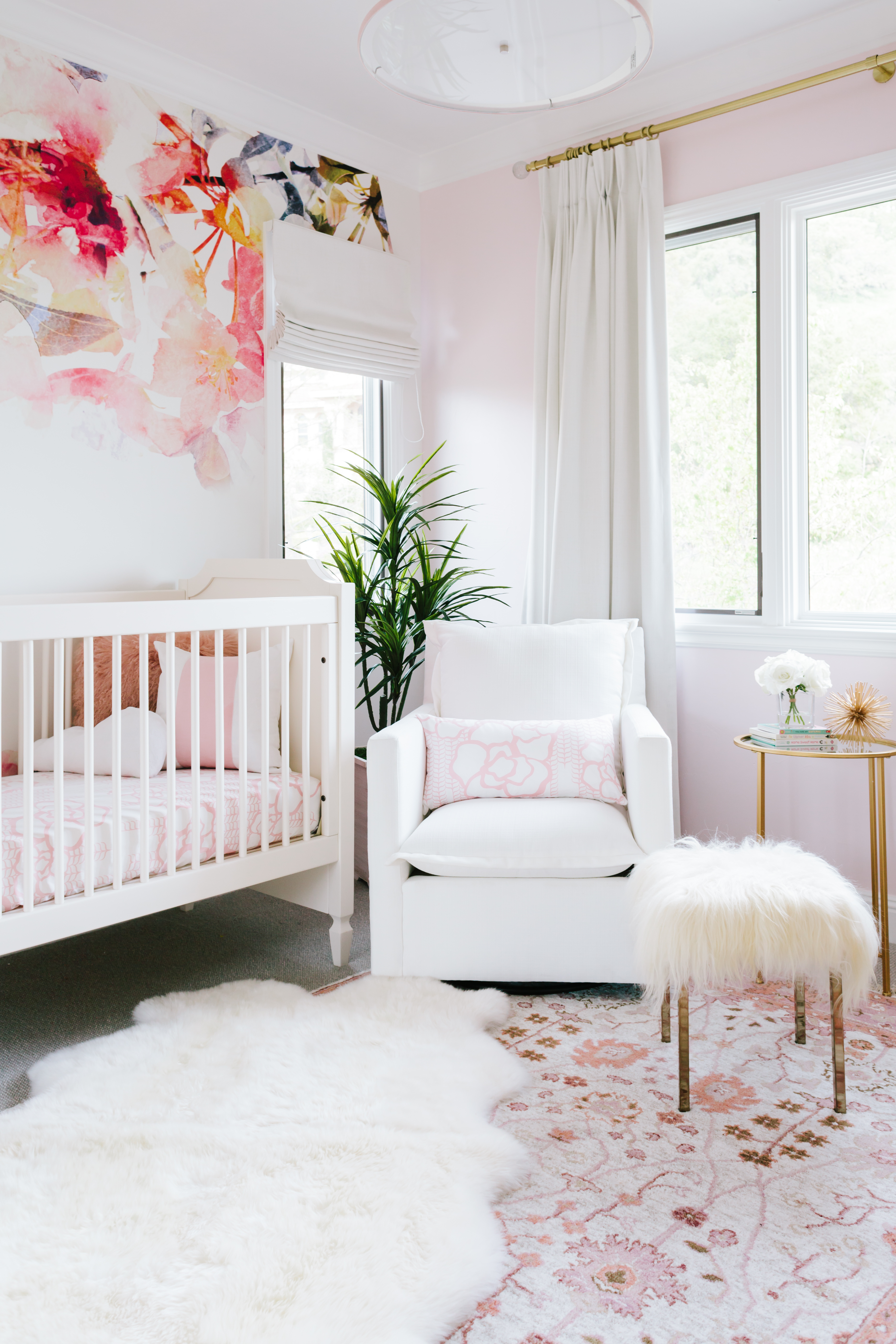 Feminine Pink and White Nursery with Floral Accent Wallpaper