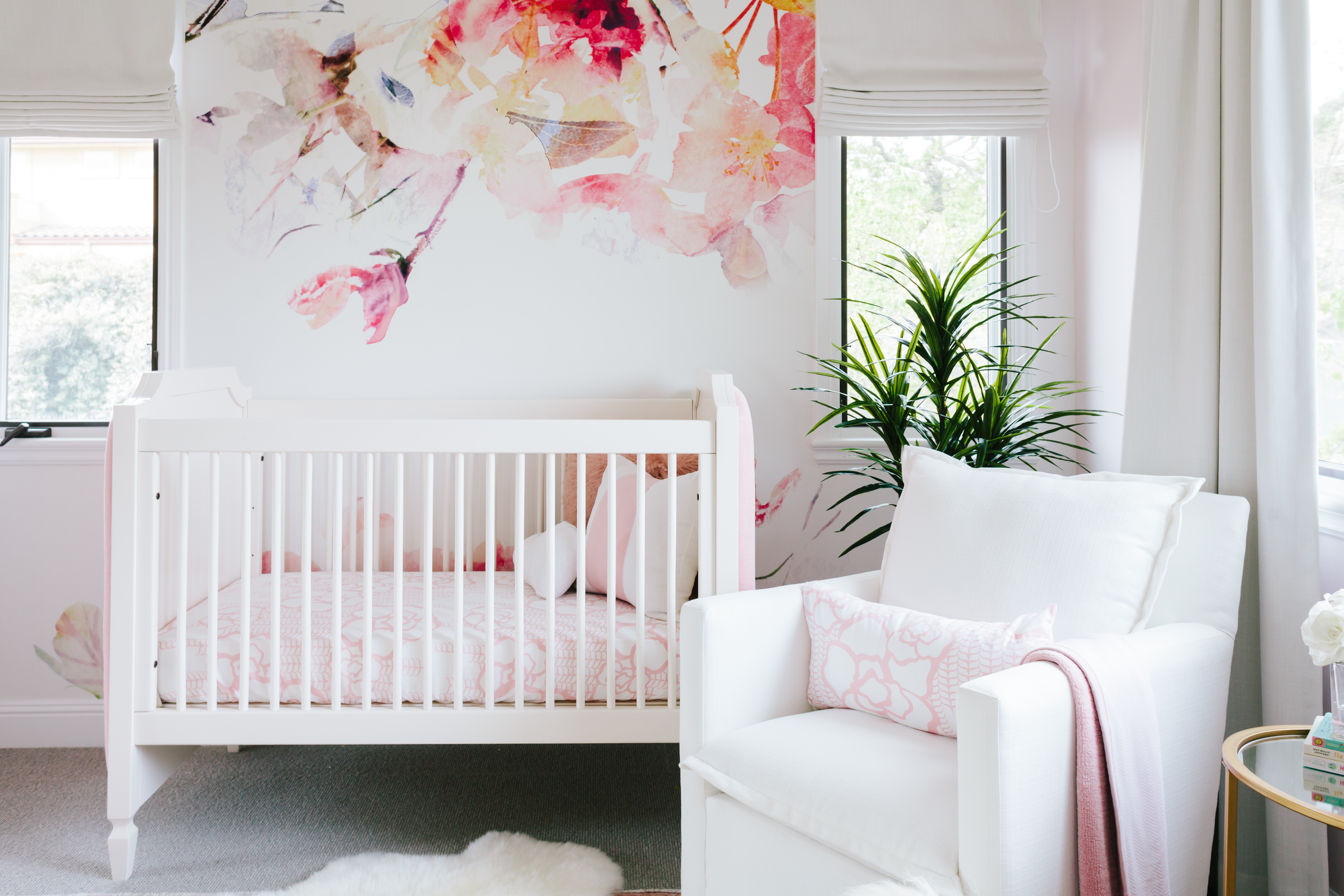 Pink and White Nursery with Floral Accent Wallpaper