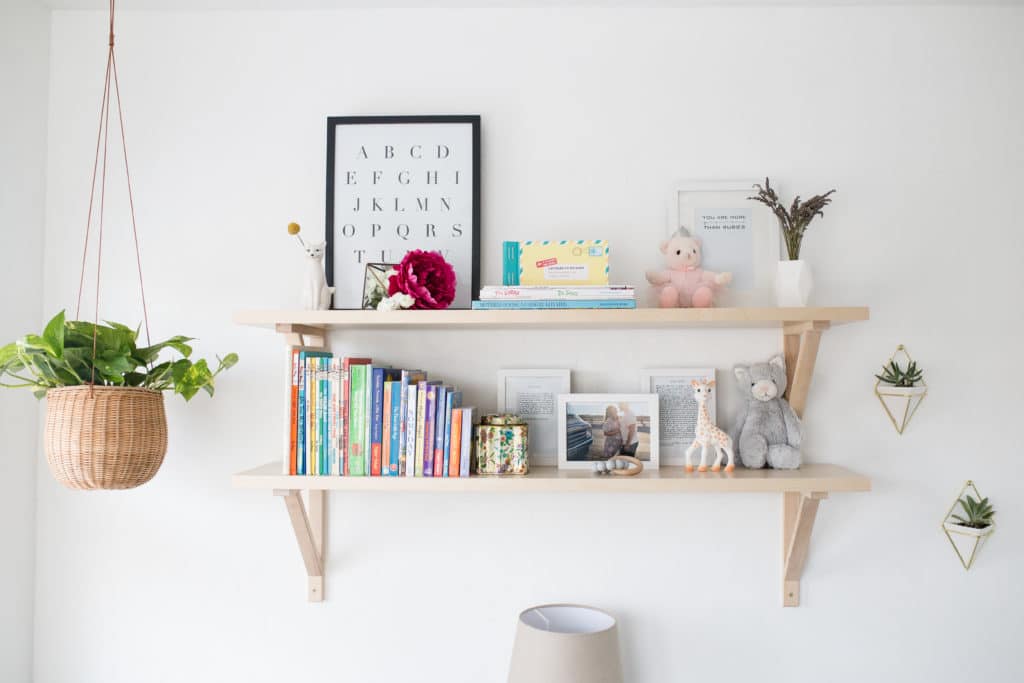 Modern Boho Nursery with a Punch of Tropics Nursery Wall Shelf 