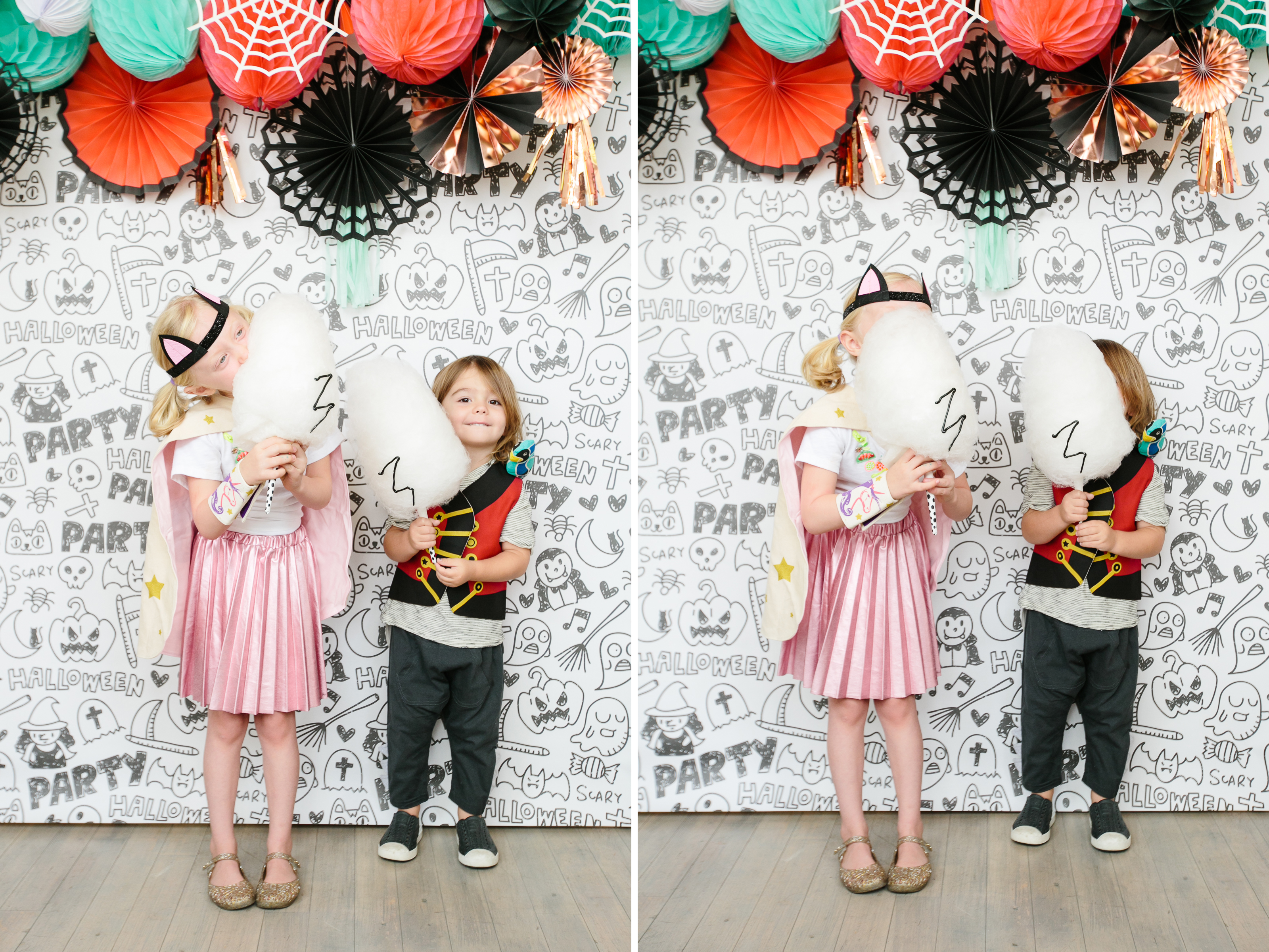 Kids eating Bride of Frankenstein cotton candy in front of Halloween photo backdrop 