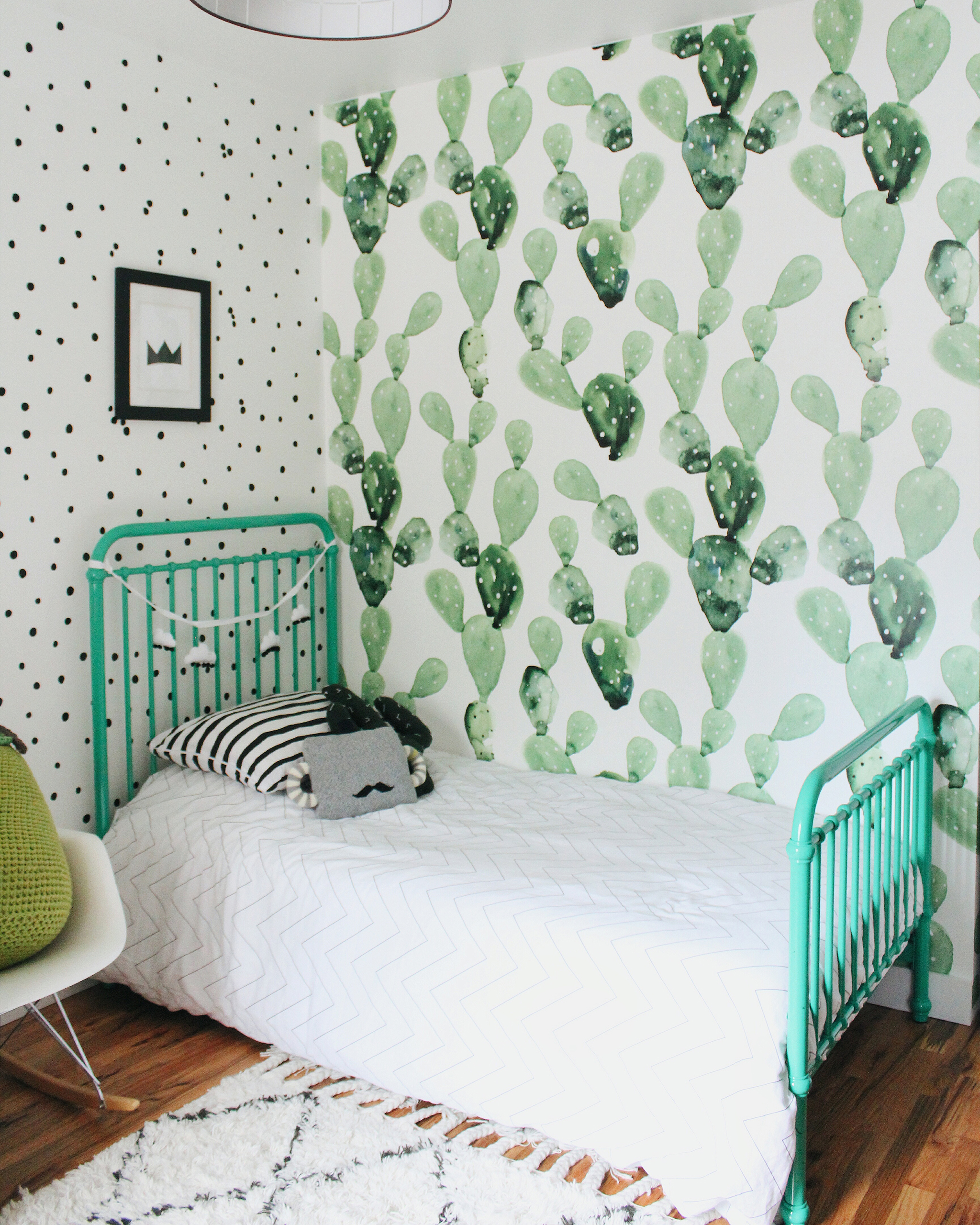 Shared Boys Room with Cactus Wallpaper and Green Twin Bed - Project Nursery