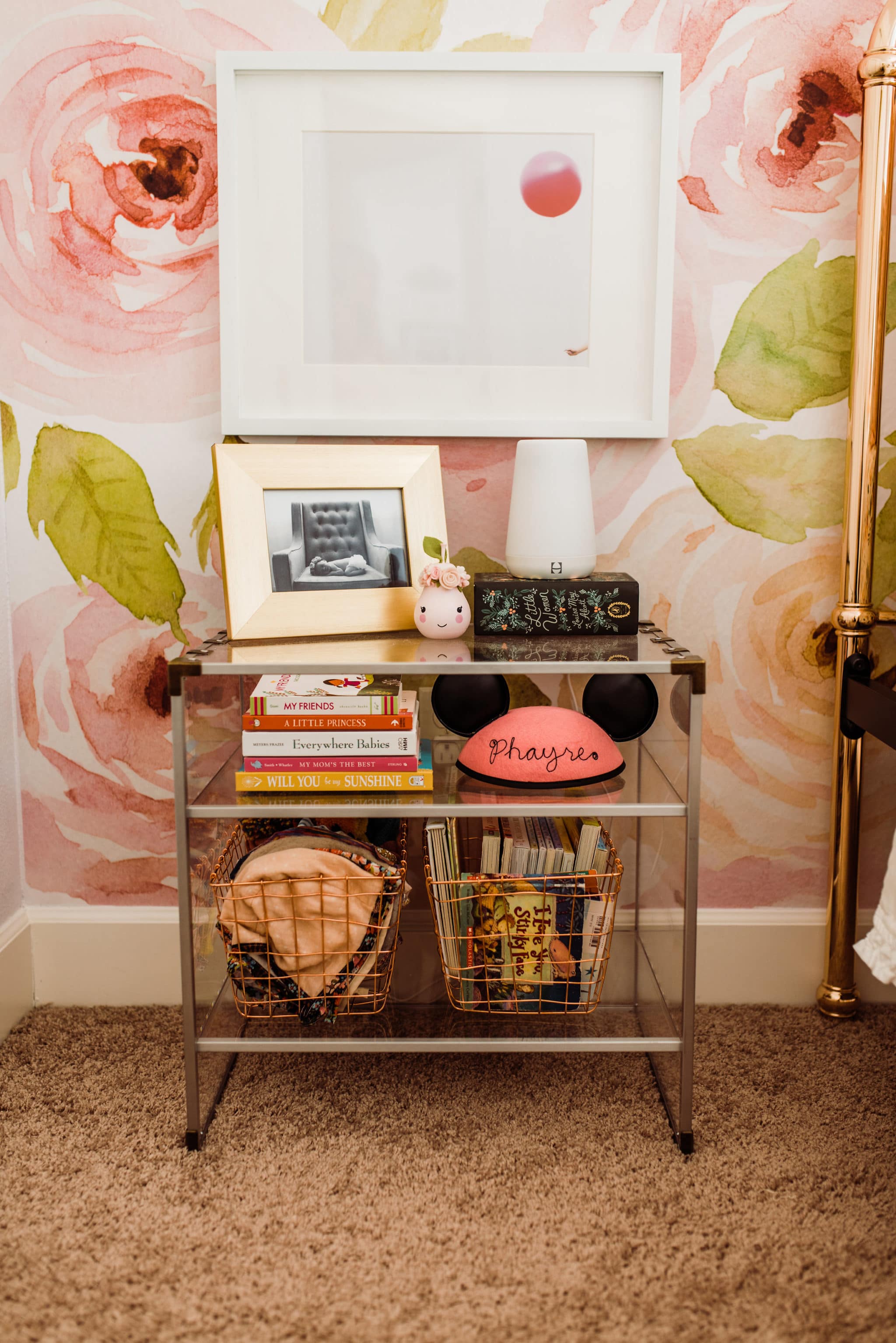 Nightstand with Balloon Art Print in Girl's Toddler Room - Project Nursery