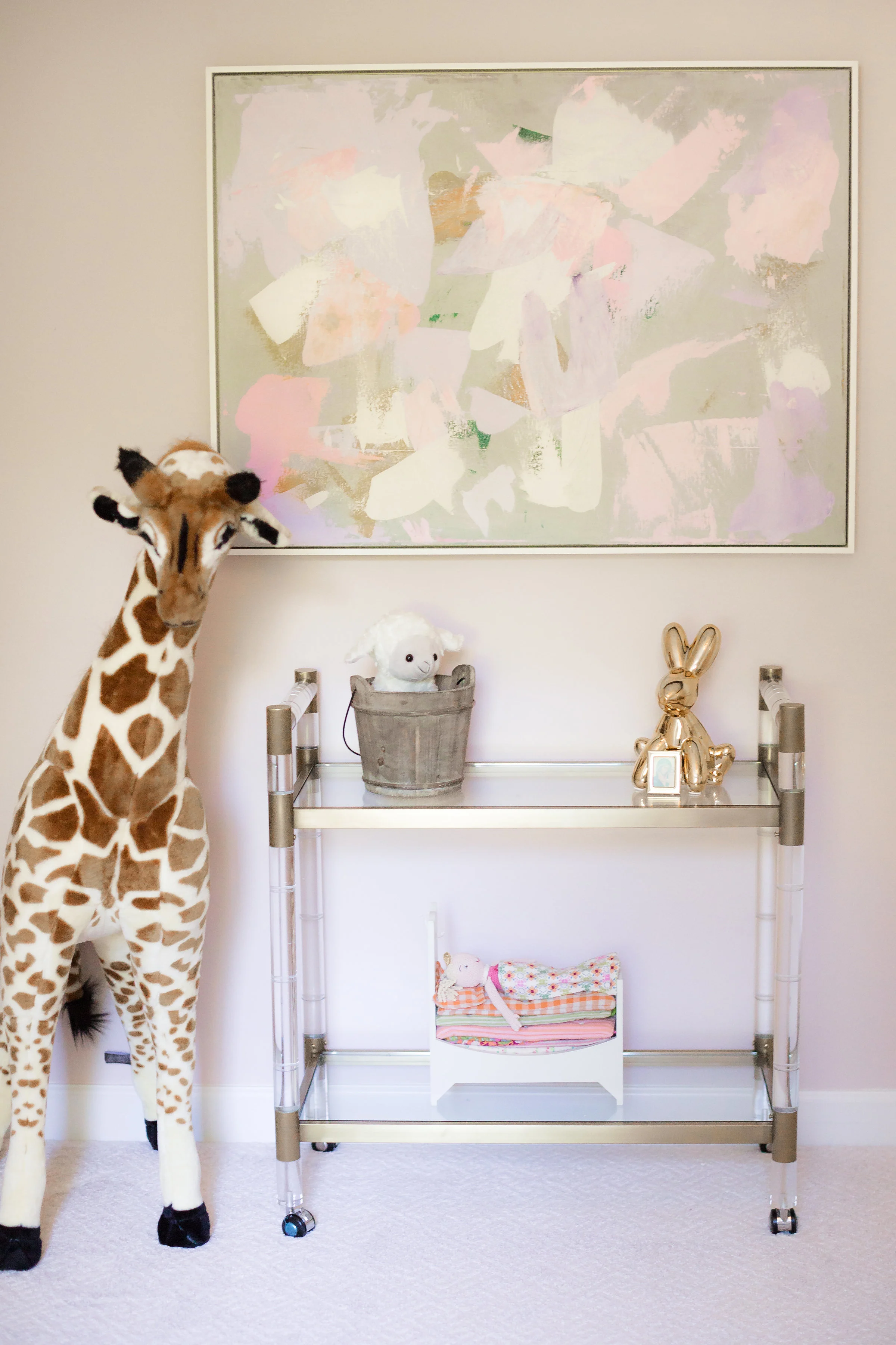 Jenni Pulos Pink and White Nursery with Abstract Painting