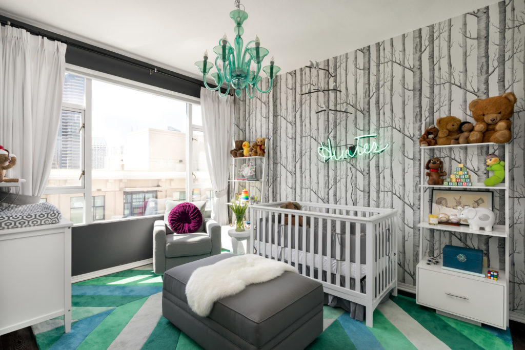 A Hunter’s Dream Nursery with Tree Wallpaper and Neon Sign - Project Nursery