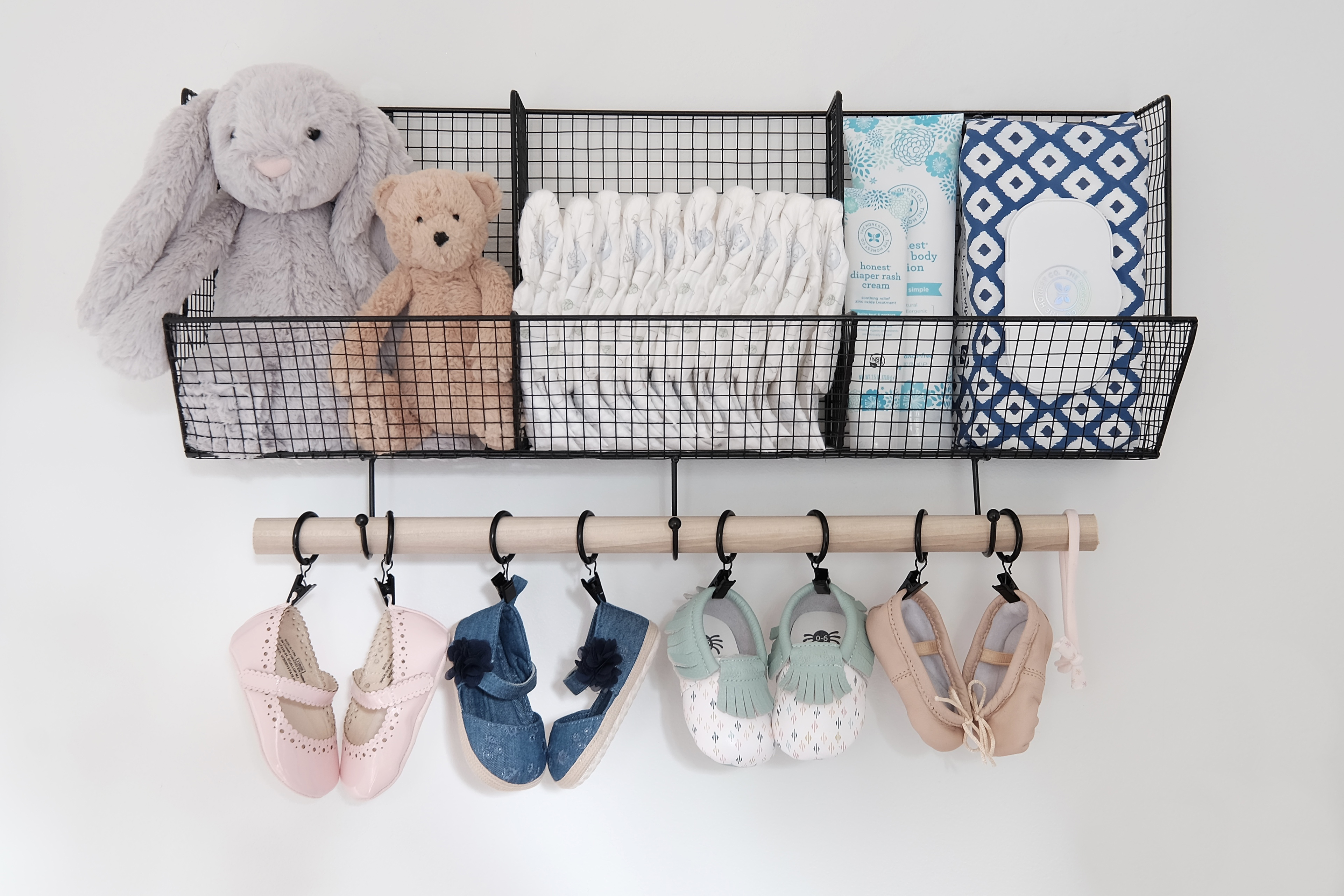 Above Crib Diaper Storage with Baby Shoe Display - Project Nursery