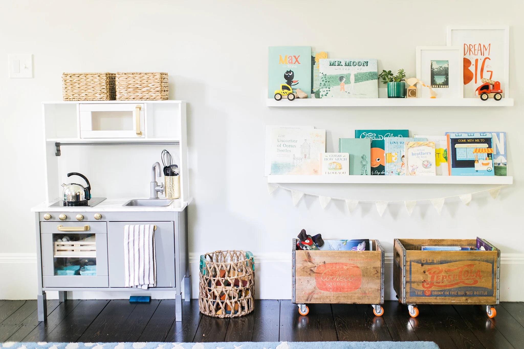 Play Kitchen and Book Storage in Playroom - Project Nursery