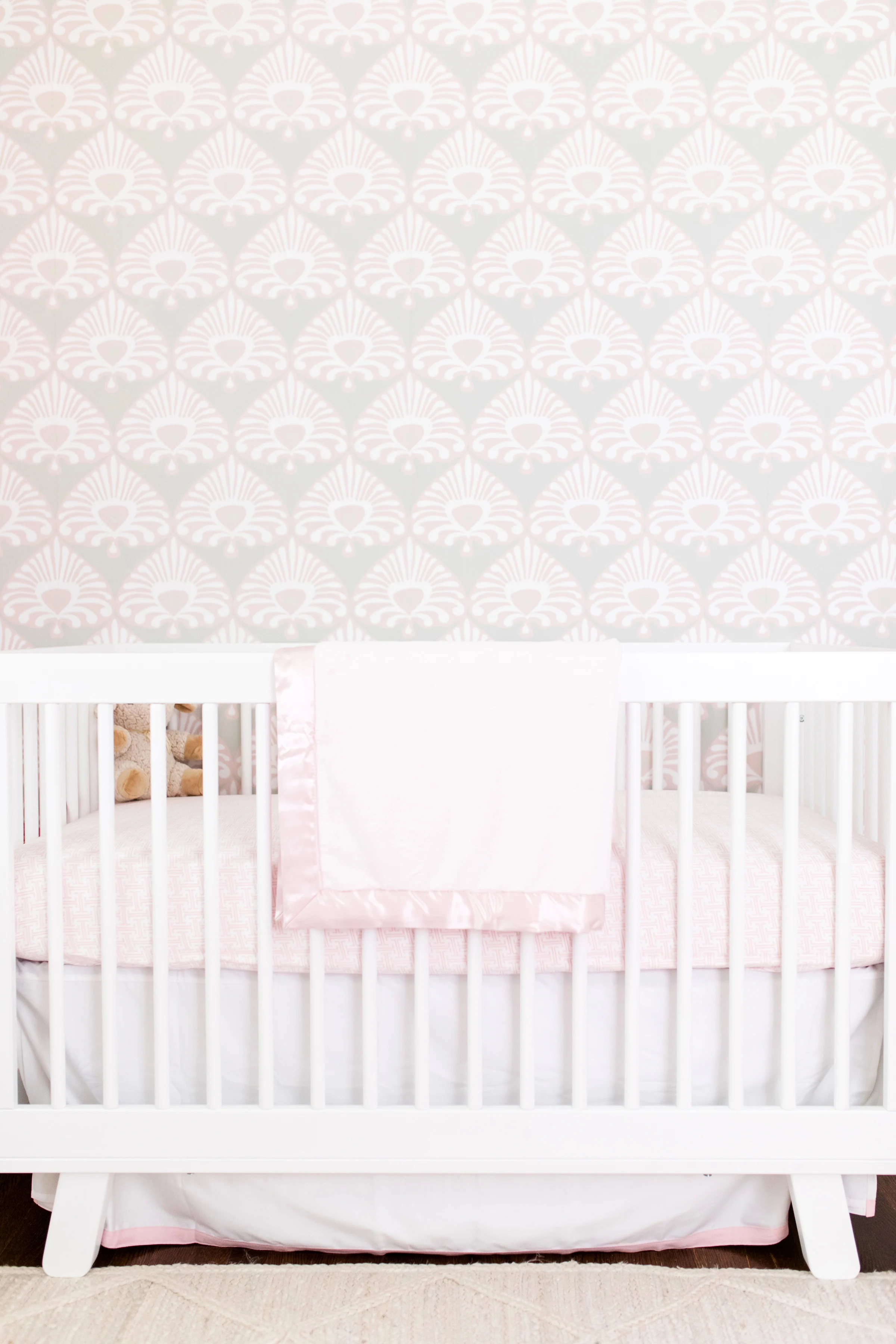 Pink and Gray Nursery Wallpaper with White Crib - Project Nursery