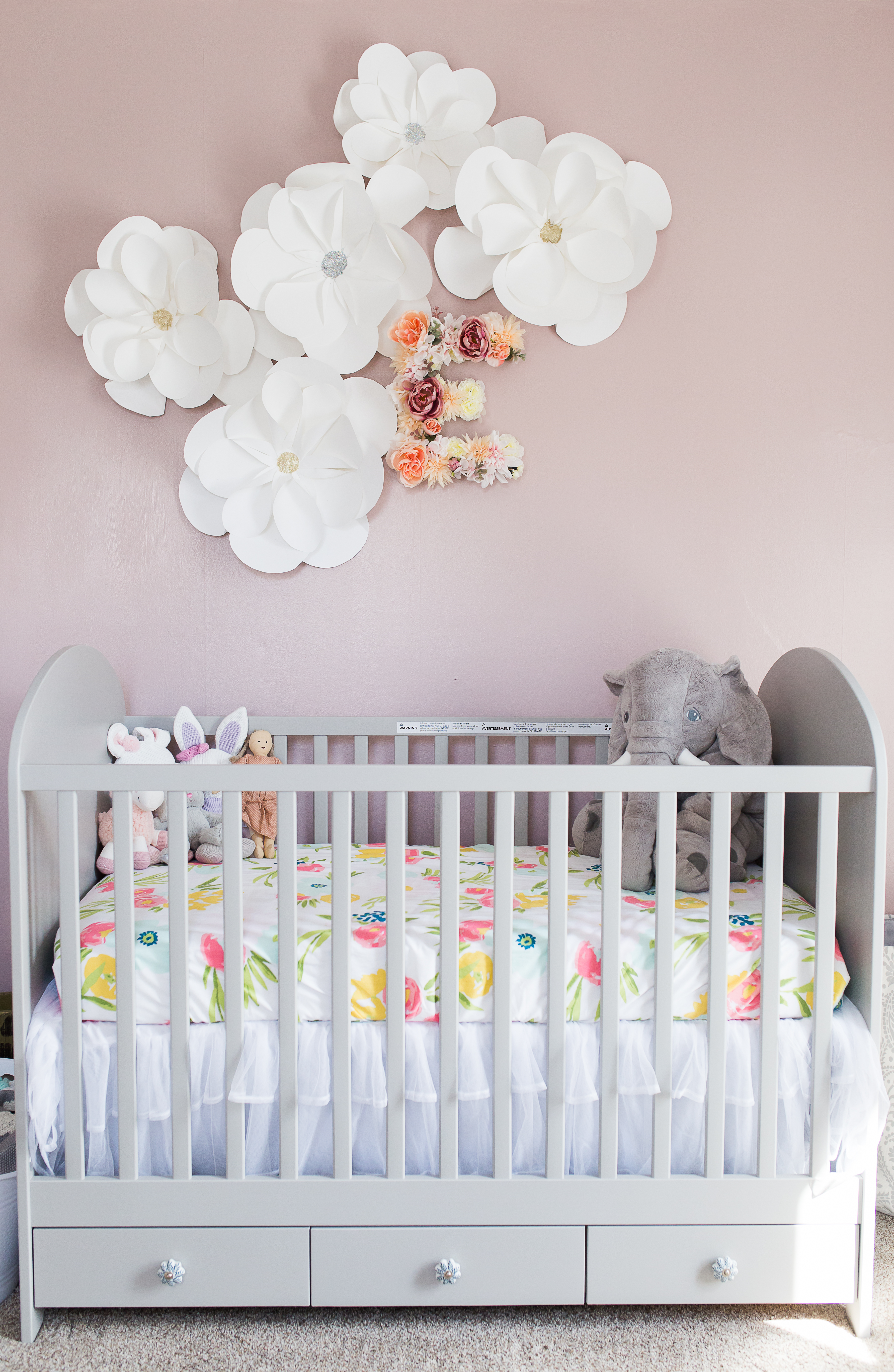 ikea, crib, grey, target, crib sheets, wall flowers, paper flowers, floral initial, elephant, stuffed animals, doll