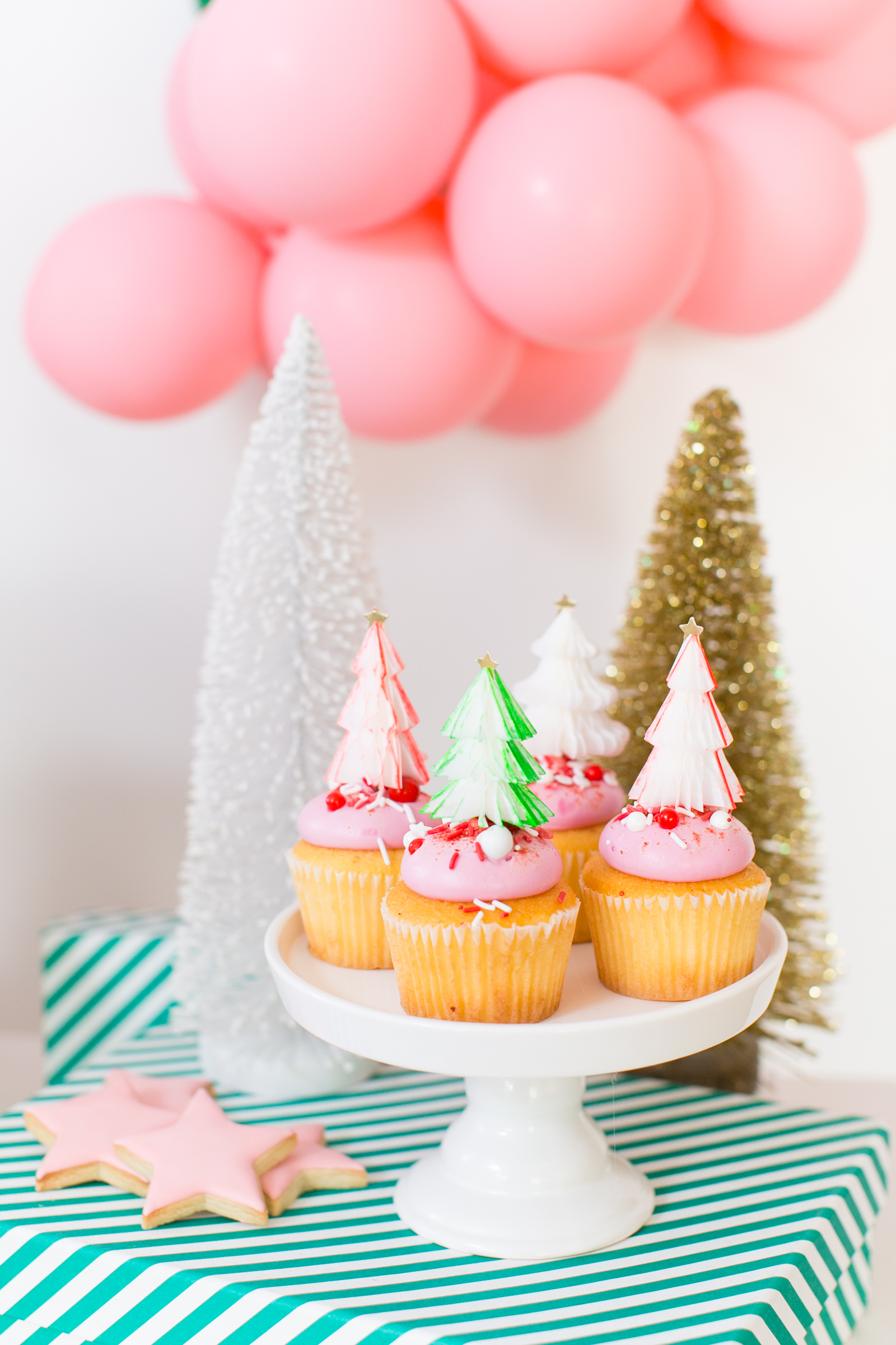 Pink Christmas Cupcakes with Honeycomb Tree Toppers