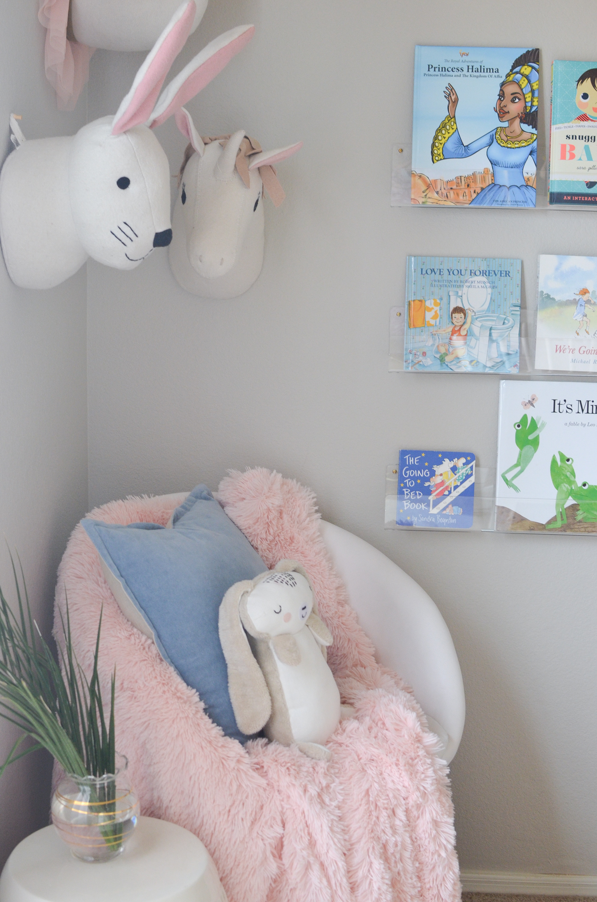 Reading Corner with Acrylic Shelving in Swan Inspired Nursery