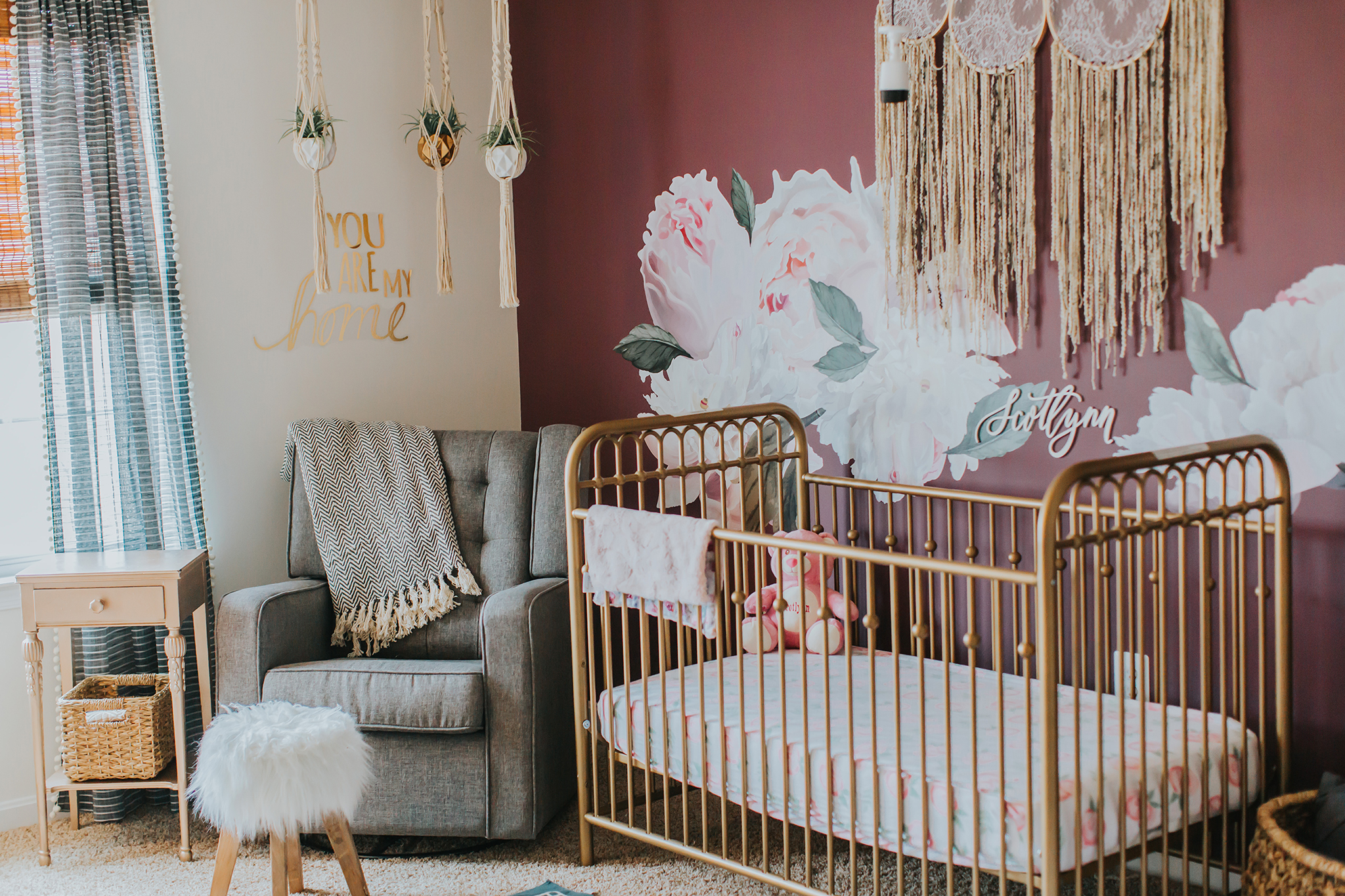 Boho Girl's Nursery with Large Floral Decals on Crimson Wall