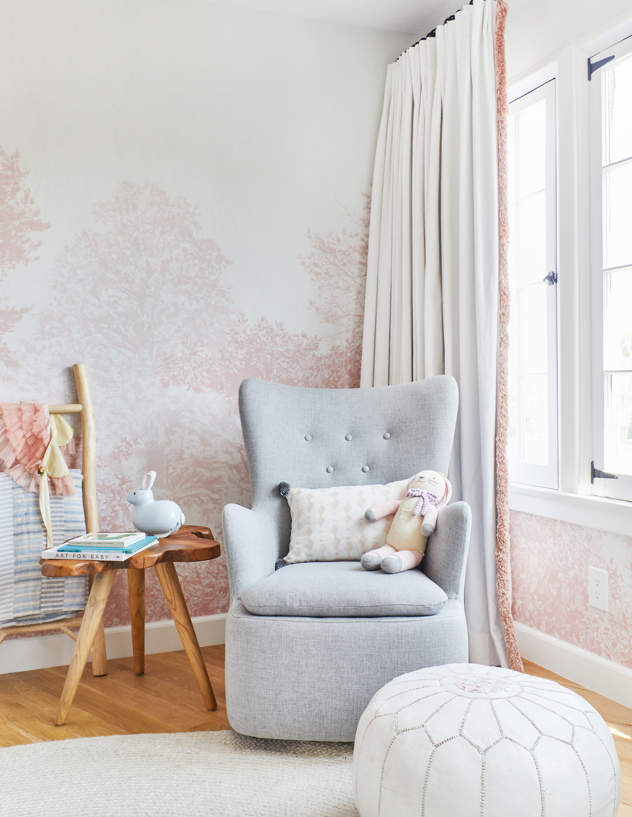 Emily Henderson Girl Nursery with Pink Tree Wallpaper